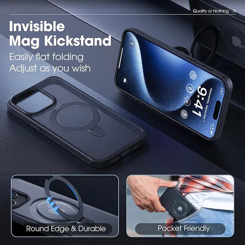 Color: Beige, Material: Microfiber - Magnetic Phone Case with Ring Stand for Wireless Charging iPhone 15 Pro Max 14 Plus 13 12 11 Translucent Cases Matte Slim Cov