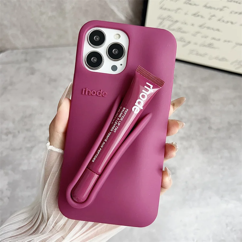 Color: GRAY, Bundle: Bundle1, Material: aluminum - Phone Case For iPhone 12 13 14 15 16 Pro Max Plus 17 Air Portable Lip Gloss Holder Lipstick Silicone Soft Bumper Cover Lip Glaze