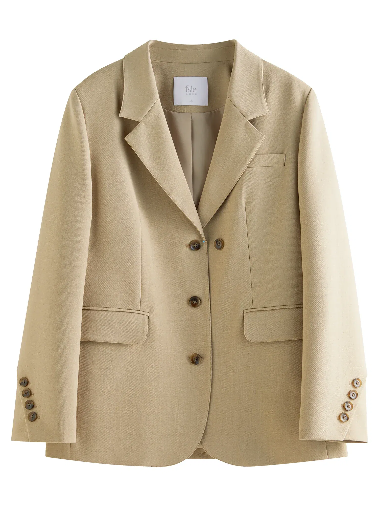 Color: Khaki, Size: M - FSLE Women Khaki Blazer 2025 Spring New Office Lady Black Simple Loose Front Shoulder Blazer Coats Button Design Coat 25FS11071