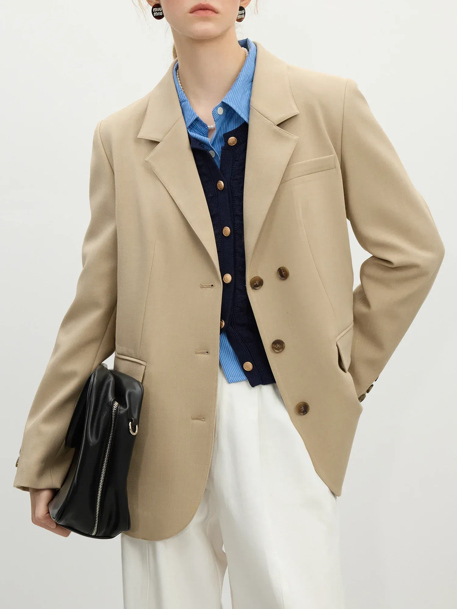 Color: Khaki, Size: M - FSLE Women Khaki Blazer 2025 Spring New Office Lady Black Simple Loose Front Shoulder Blazer Coats Button Design Coat 25FS11071