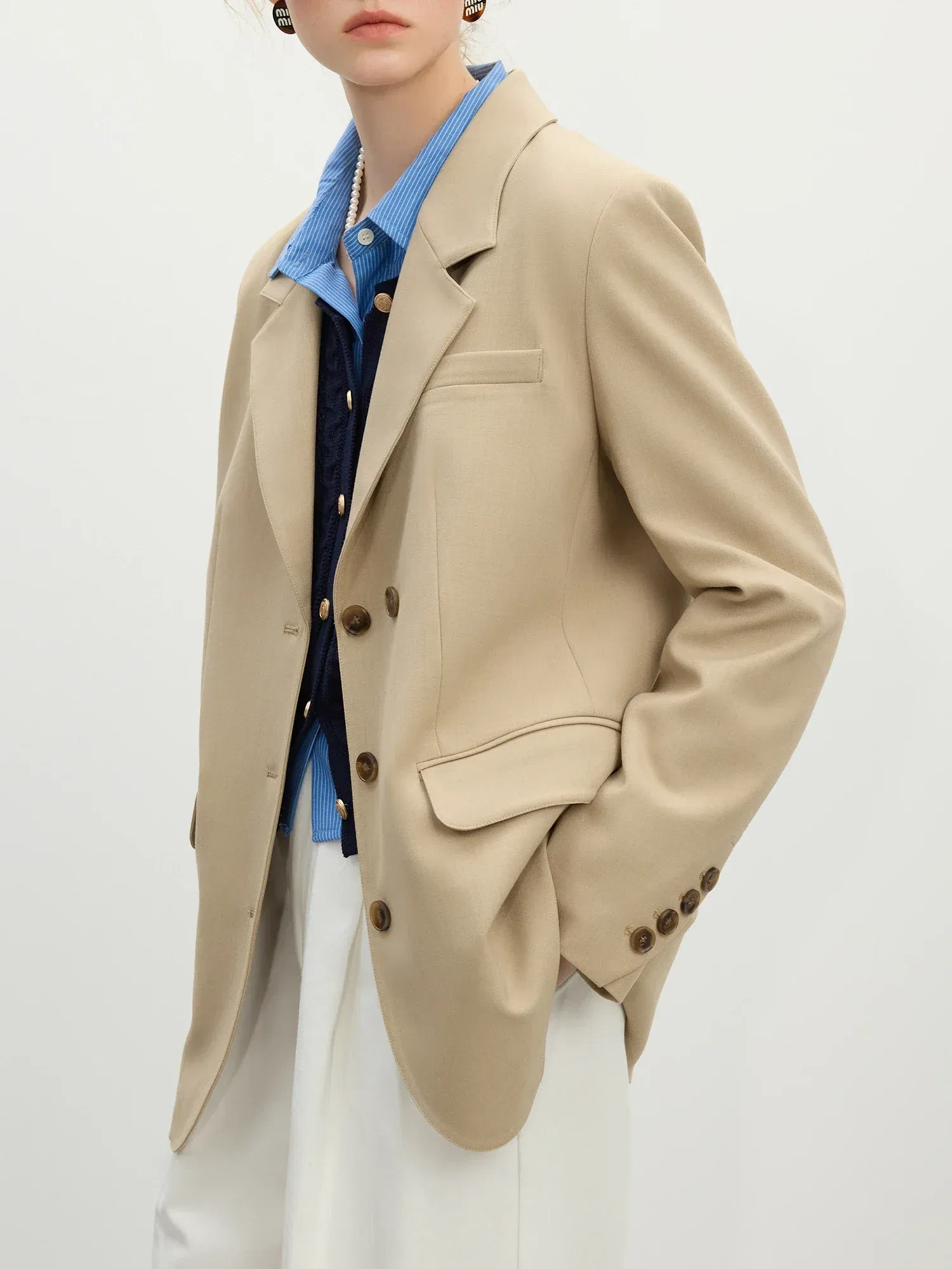 Color: Khaki, Size: M - FSLE Women Khaki Blazer 2025 Spring New Office Lady Black Simple Loose Front Shoulder Blazer Coats Button Design Coat 25FS11071
