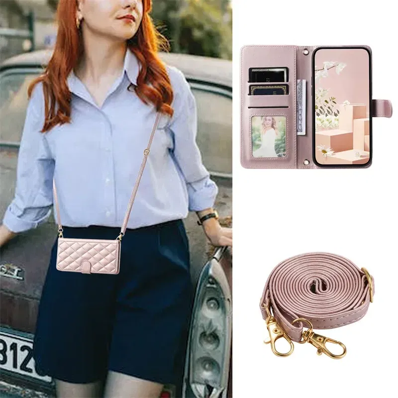 Material: PC, Color: light green - Long lanyard Flip Leather Case for Samsung Galaxy Note 20 Ultra 10 9 8 Plus A10 A20E A30 A50 A70 A51 A71 A21S Wallet Card Cover
