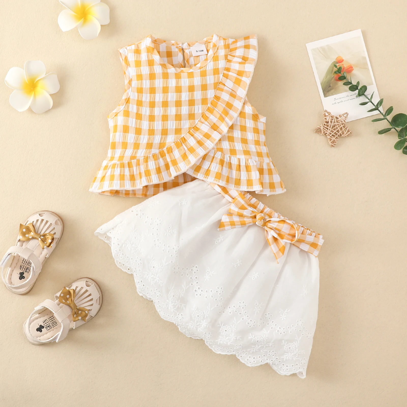 Kid Size: newborn, Color: Blue - Charming Girls' Summer Ensemble: Sleeveless Plaid Ruffle Top & Lace Hem Skirt - Comfy, Durable & Stylish