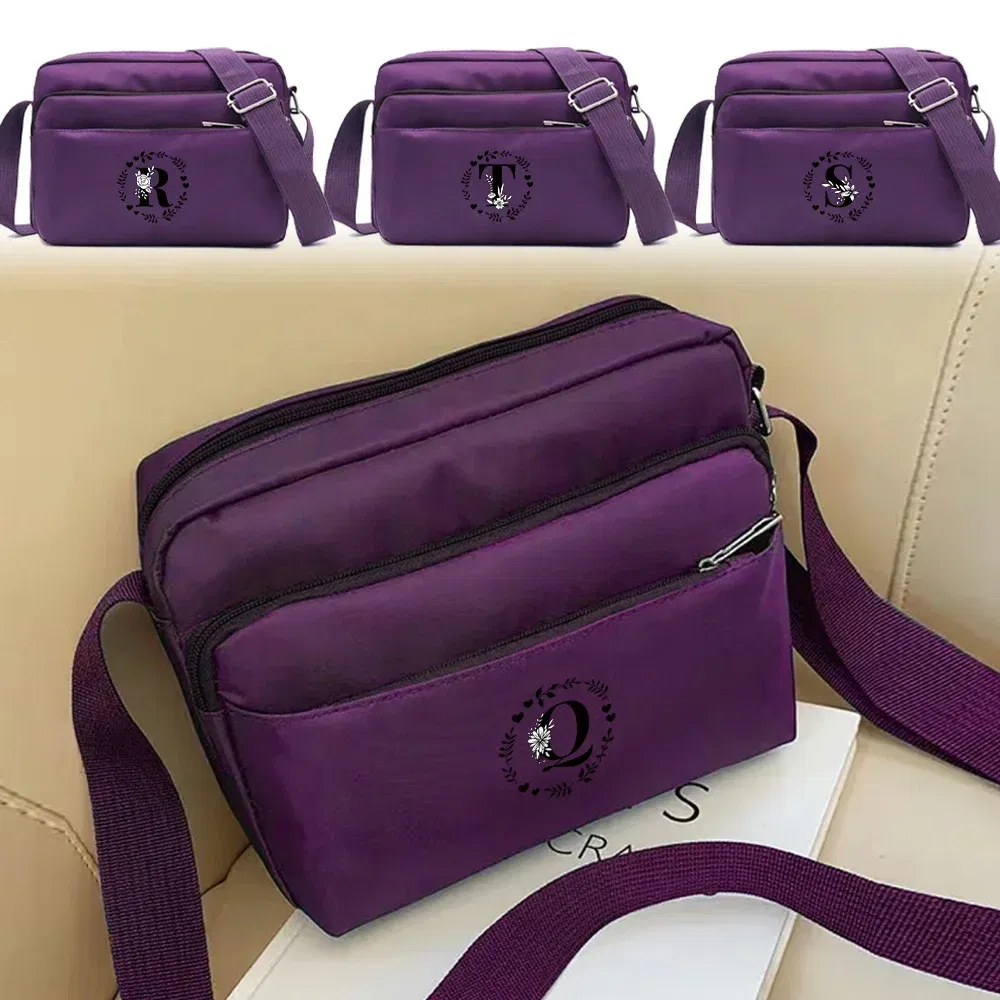 Color: Dark Khaki - Purple One Shoulder Crossbody Bag Portable Commuting Large Capacity Simplicity Storage Bag Garland Letter Series Print Pattern