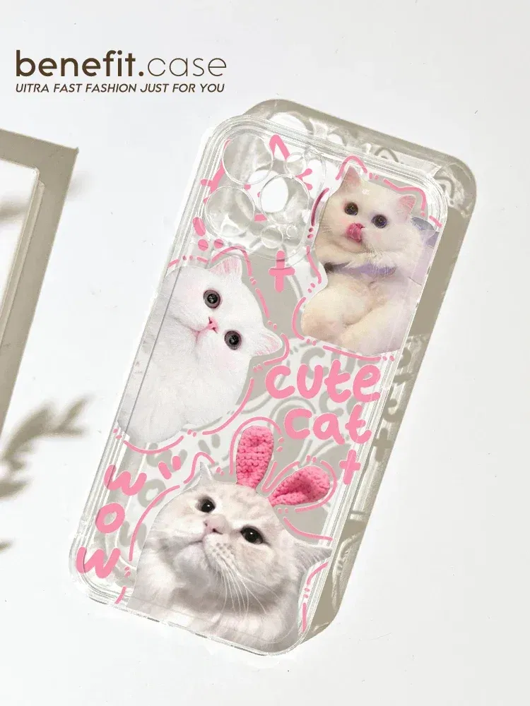 Color: Beige, Material: Other - Cute Kitten Phone Case for iPhone 15 14 13 12 11 Pro Max XR XS X 7 8 Plus Mini SE Clear Cat Mobile Case