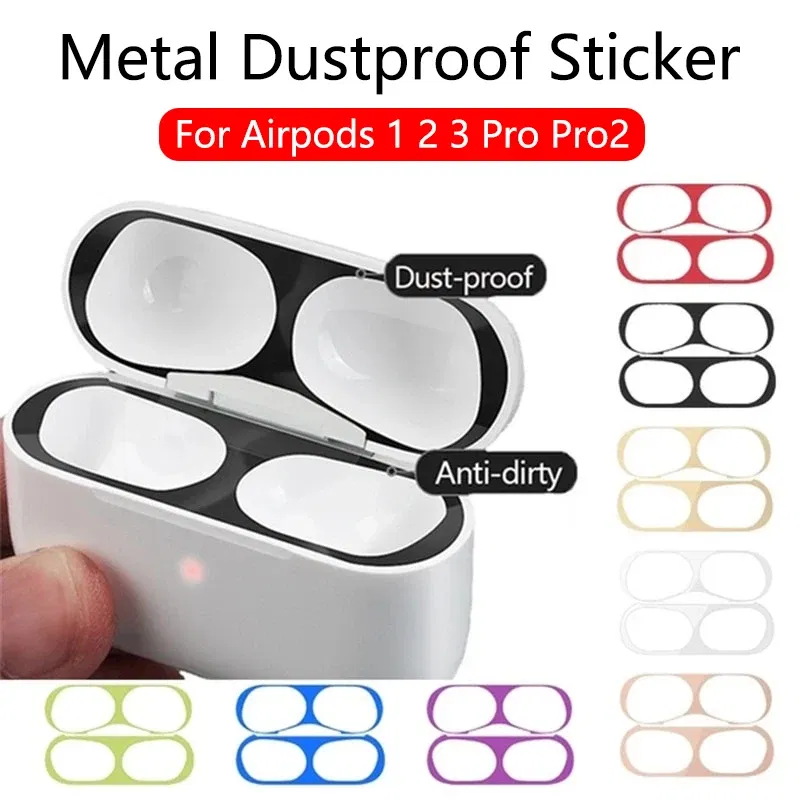 Color: Red, Size: 2XS - For Apple Airpods 1 2 3 Pro Pro2 Earphone Charging Box Dustproof Sticker Anti-dust Waterproof Metal Dust Guard Stickers