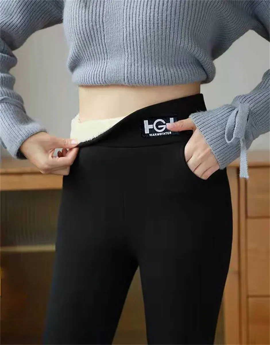 Color: Blue, Size: XXL - Winter Women Leggings Solid Warm Leggings Thicken Lambwool Hight Waist Fleece Keep Butt Lift High Stretchy Walking Pants Pocket