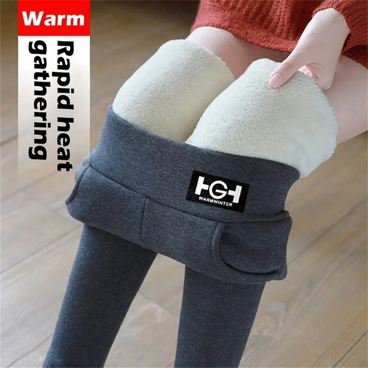Color: Blue, Size: XXL - Winter Women Leggings Solid Warm Leggings Thicken Lambwool Hight Waist Fleece Keep Butt Lift High Stretchy Walking Pants Pocket