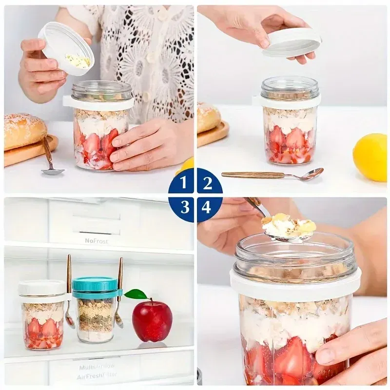 Color: Blue, Capacity: 301-400ml - 350ML Overnight Oat Cup Glass With Lid And Spoon Seal Food Breakfast Cup Portable Cereal Milk Salad Yogurt Cup Kitchen Item