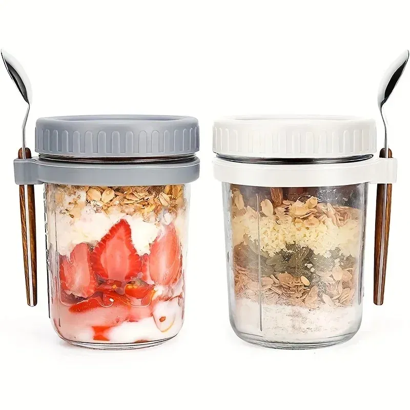Color: Blue, Capacity: 301-400ml - 350ML Overnight Oat Cup Glass With Lid And Spoon Seal Food Breakfast Cup Portable Cereal Milk Salad Yogurt Cup Kitchen Item