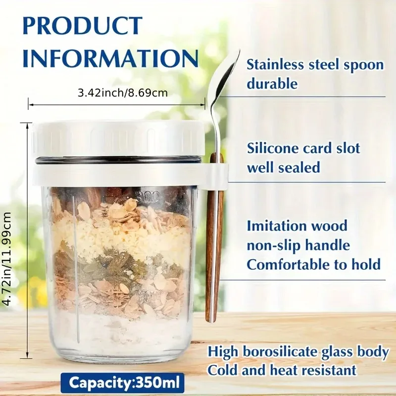 Color: Blue, Capacity: 301-400ml - 350ML Overnight Oat Cup Glass With Lid And Spoon Seal Food Breakfast Cup Portable Cereal Milk Salad Yogurt Cup Kitchen Item