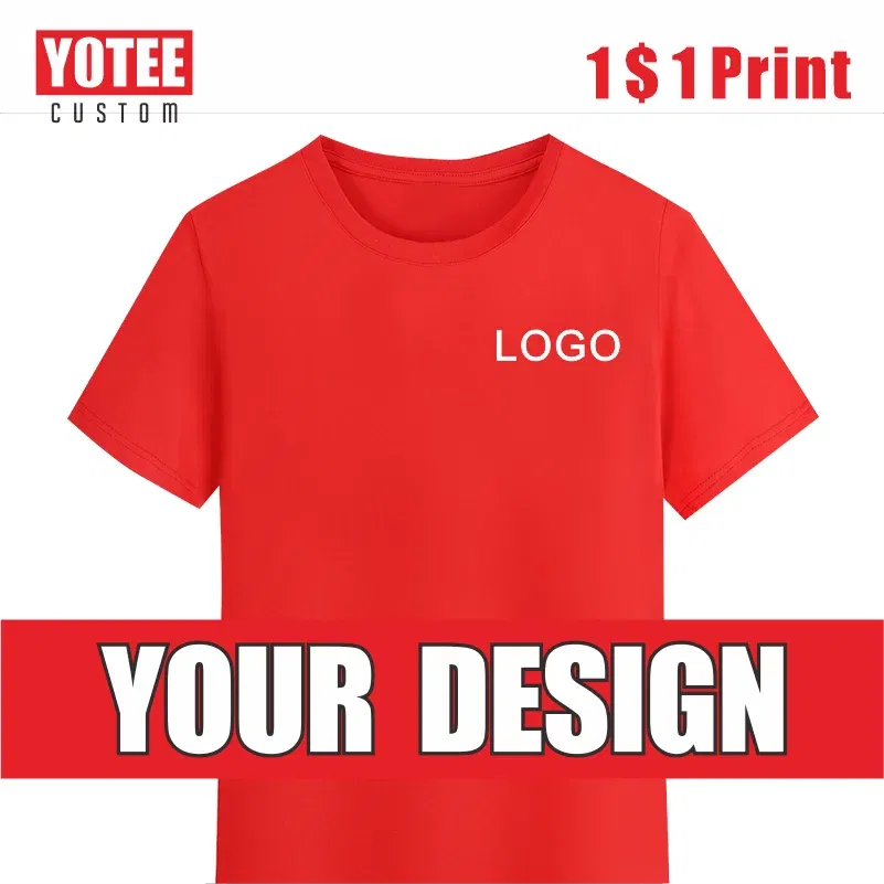 Color: Red, Size: L, Ships From: CHINA - YOTEE Round Neck T-shirt Cotton Logo Customized Embroidery Personal Group Fashion T-shirt Logo Customization