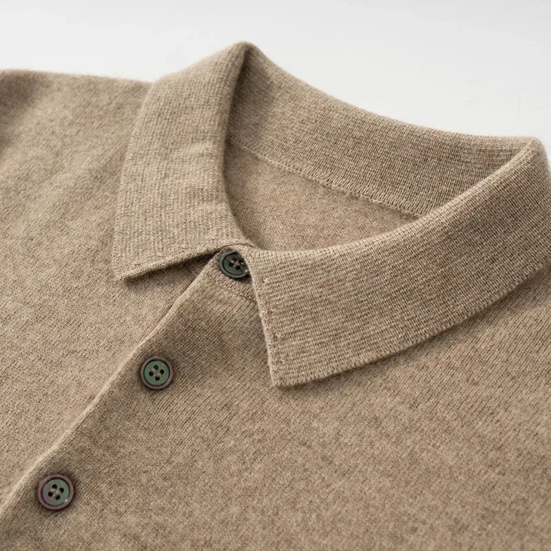 Color: SKY BLUE, Size: L - High Quality Men's 100% Cashmere POLO Collar Pullover Soft Elastic Autumn Winter Business Casual Solid Color Knitted Sweater
