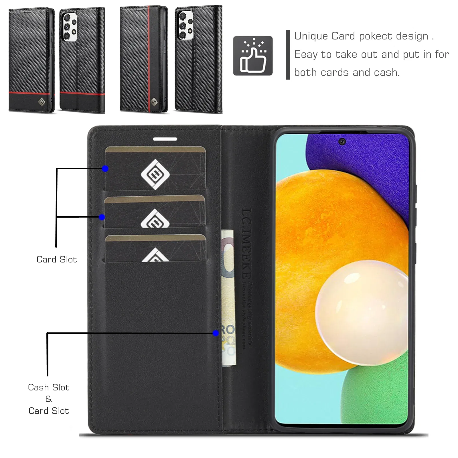 Color: Black, Material: Polyester - Carbon Fiber Leather Case for Samsung A14 A24 A34 A54 5G A13 A23 A33 A53 Galaxy A52 A72 A32 A12 A04S A02S Wallet Card Slot Cover