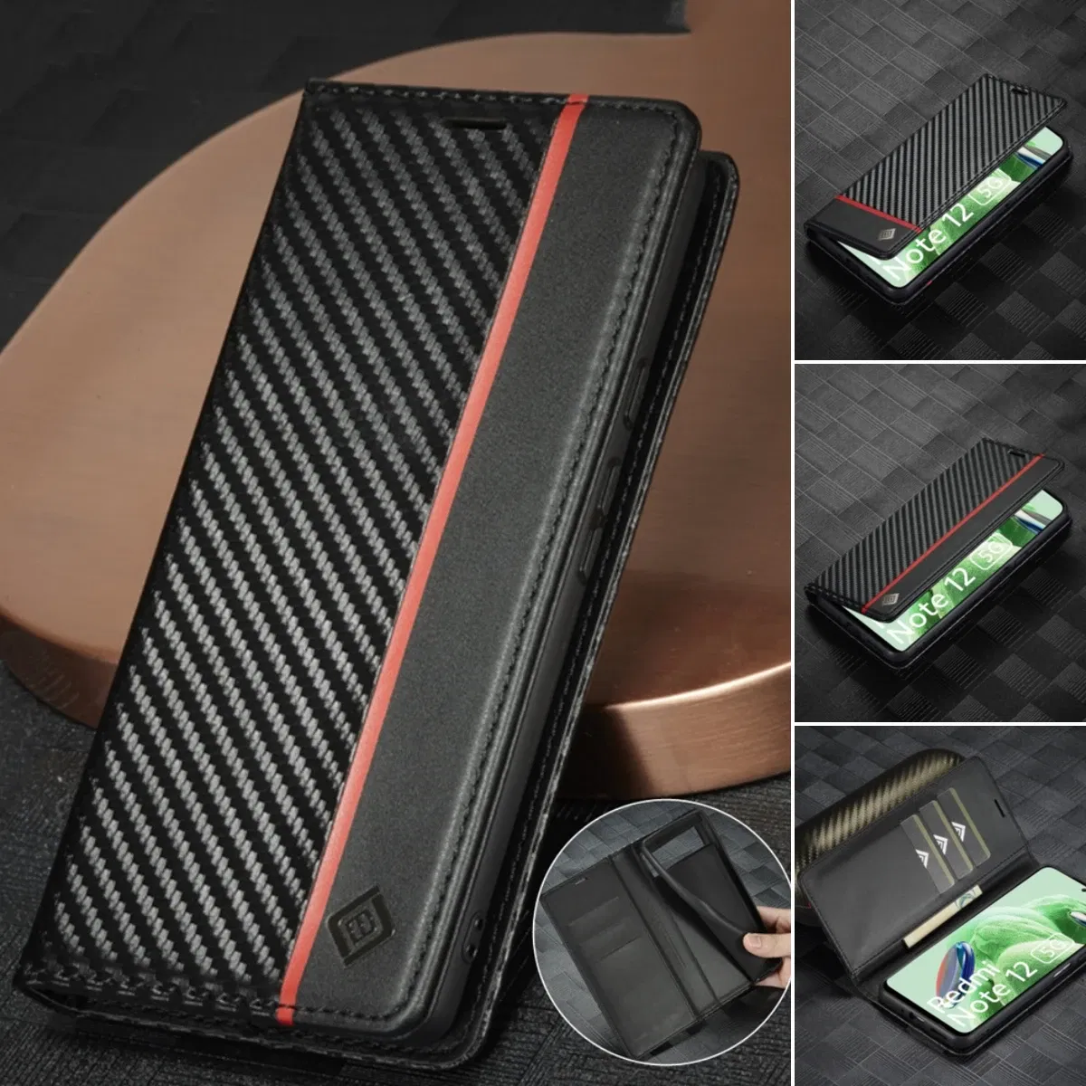 Color: Black, Material: Polyester - Carbon Fiber Leather Case for Samsung A14 A24 A34 A54 5G A13 A23 A33 A53 Galaxy A52 A72 A32 A12 A04S A02S Wallet Card Slot Cover