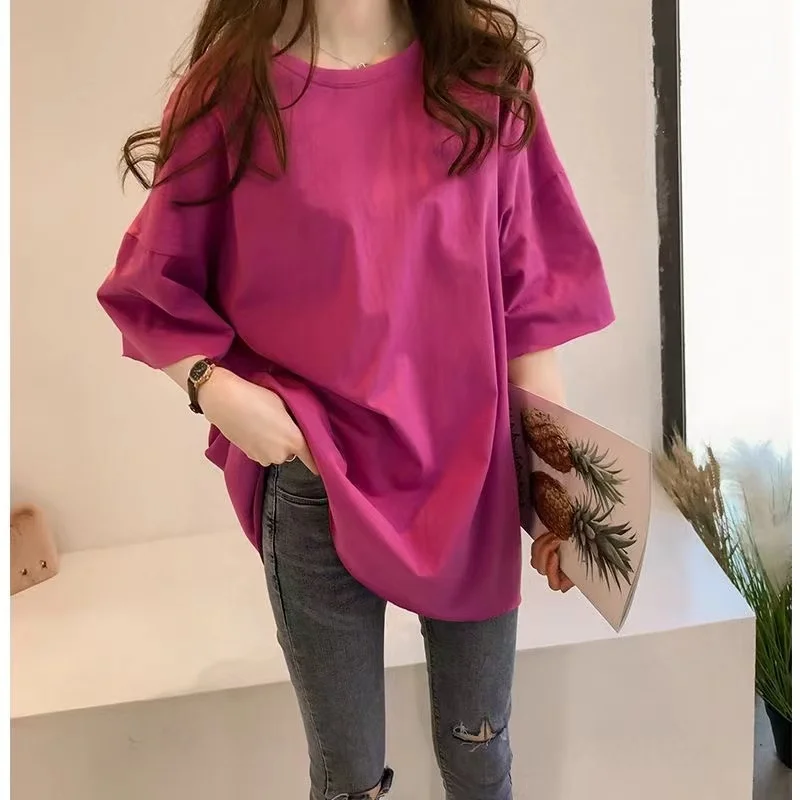 Color: Red, Size: L - Women's T solid color mid sleeved casual trend personality