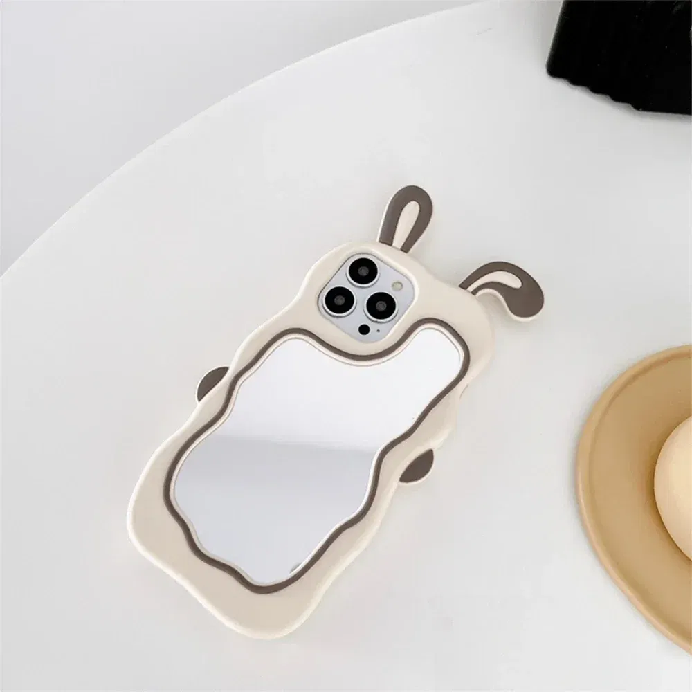 Color: Beige, Material: POLYESTER - Cute Bunny Ears Mirror Phone Case For iPhone 15 14 Plus 13 12 11 Pro Max Shockproof Silicone Case