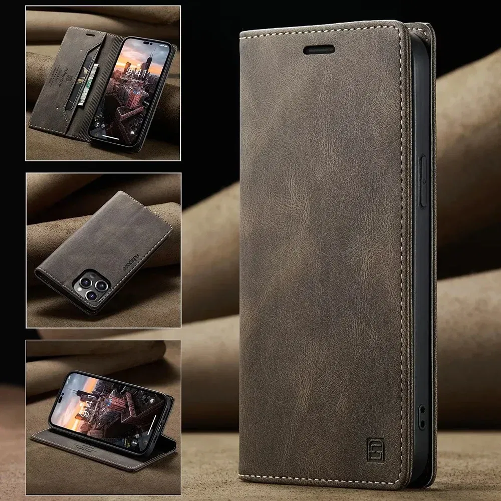 Color: Coffee, Material: Leather - Leather Cases for IPhone 16 15 14 13 12 11 Pro Max XR XS Max 8 7 6s Plus SE 2022 2020 Wallet Folio Flip Cover Rfid Blocking