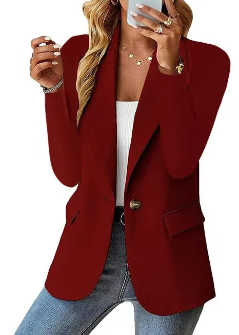 Color: Burgundy, Size: S - Womens Spring Winter Down Full Long Sleeve Coat Autumn Blazer Button Outwear Suit Cardigan Female