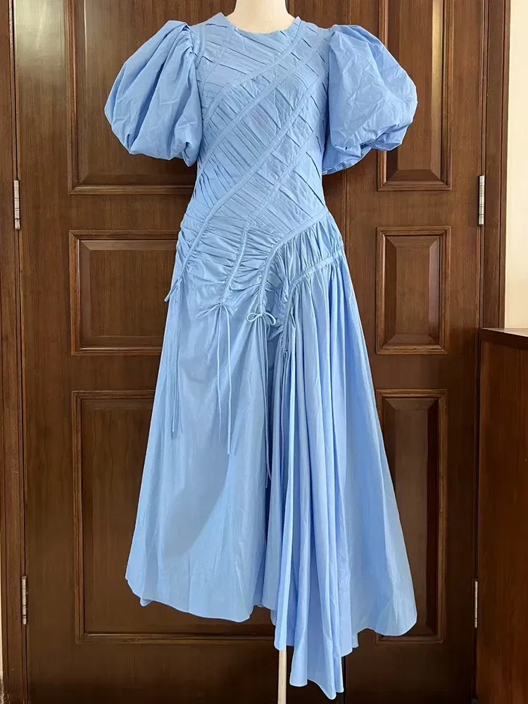 Color: WHITE, Size: S - 2025 summer women's new round neck lantern short sleeve irregular stitching drawstring dress slim dinner temperament long dress