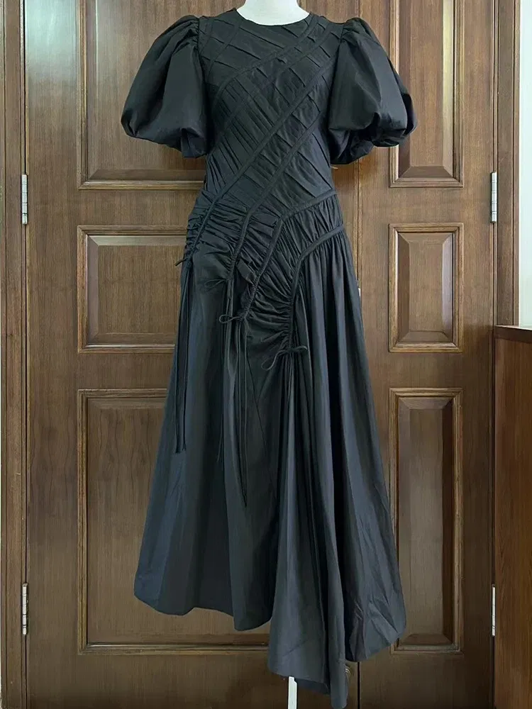 Color: WHITE, Size: S - 2025 summer women's new round neck lantern short sleeve irregular stitching drawstring dress slim dinner temperament long dress