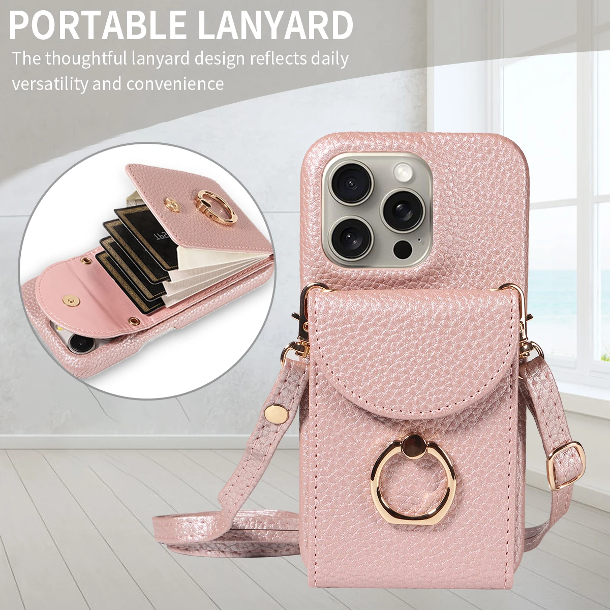 Color: Gold, Compatible-Phone Models: For iPhone 15, Bundle: Case & Strap, Material: Artificial Leather - High Quality Ring Stand Lychee Pattern Phone Case for IPhone16promax15 14 13 Crossbody with Lanyard PU Leather Anti-fall Cover