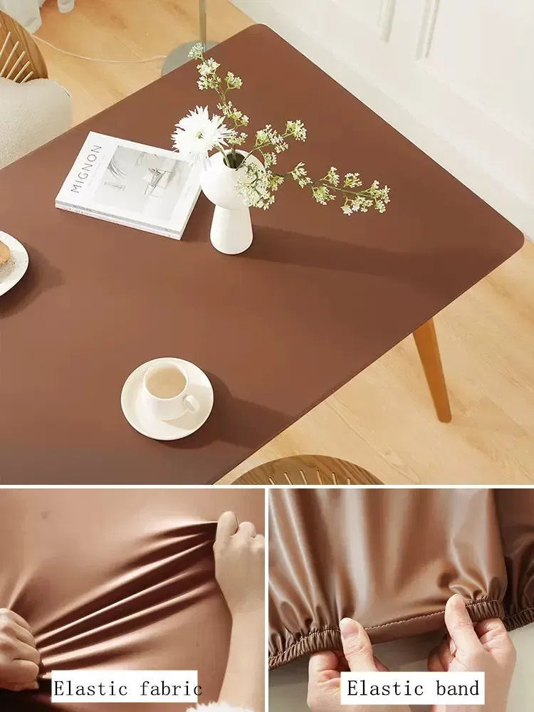 Color: Light Grey, Specification: 152*300cm - Solid color PU leather table cover fixable elastic tablecloth waterproof round square Table cloth custom table protector