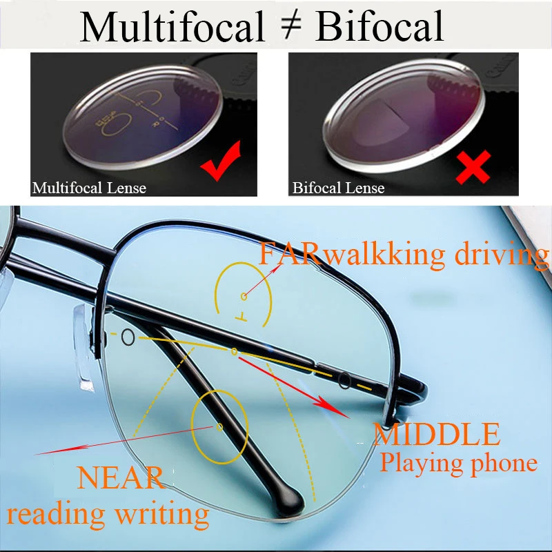 Frame Color: Gold, Eye Prescription: +350 - Smart zoom Multifocal Reading Glasses Men Women Progressive Anti Blue Ray UV Protect Hyperopia Glasses Half Frame Metal Titanium