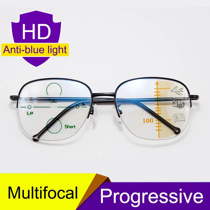 Frame Color: Gold, Eye Prescription: +350 - Smart zoom Multifocal Reading Glasses Men Women Progressive Anti Blue Ray UV Protect Hyperopia Glasses Half Frame Metal Titanium