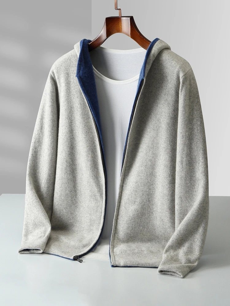 Color: black, Size: XL - Reversible Men's Wool Cardigan Sweater Autumn Winter Hooded Solid 100% Merino Wool Knitted Casual Simple Man Jackets Thick Warm