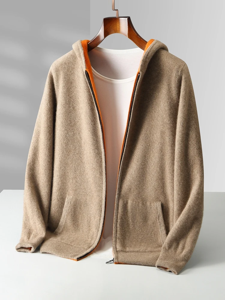 Color: black, Size: XL - Reversible Men's Wool Cardigan Sweater Autumn Winter Hooded Solid 100% Merino Wool Knitted Casual Simple Man Jackets Thick Warm
