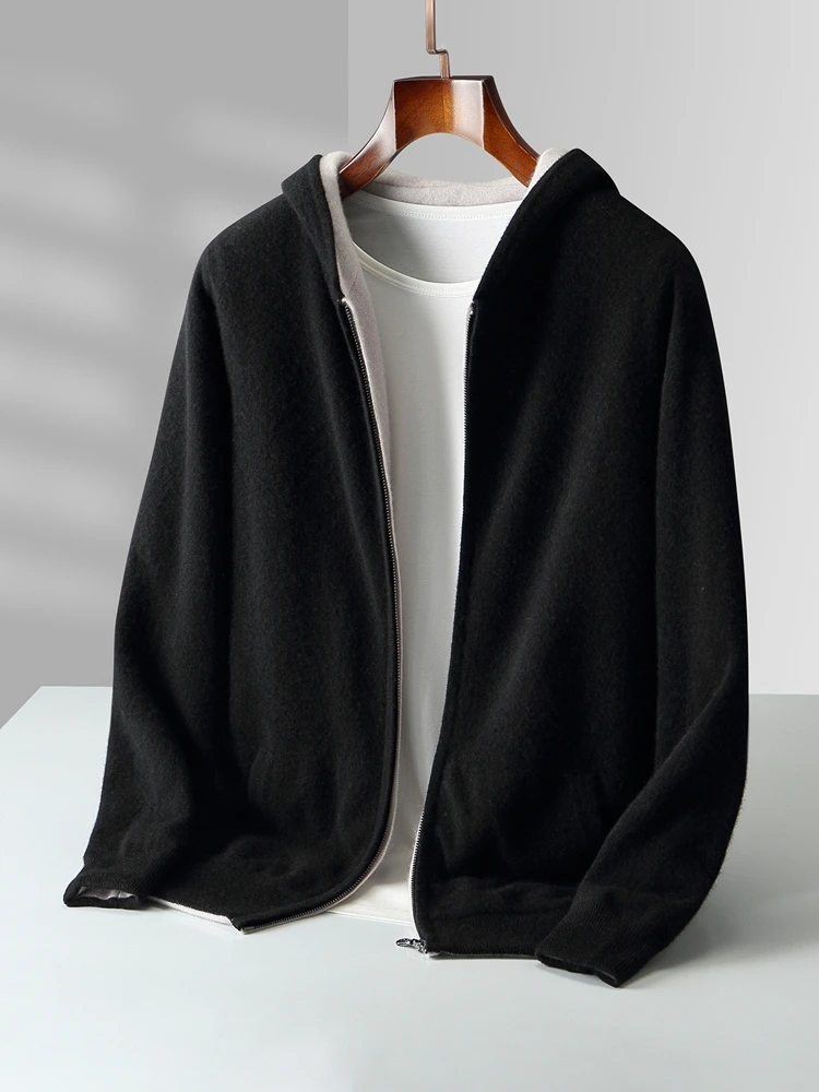 Color: black, Size: XL - Reversible Men's Wool Cardigan Sweater Autumn Winter Hooded Solid 100% Merino Wool Knitted Casual Simple Man Jackets Thick Warm