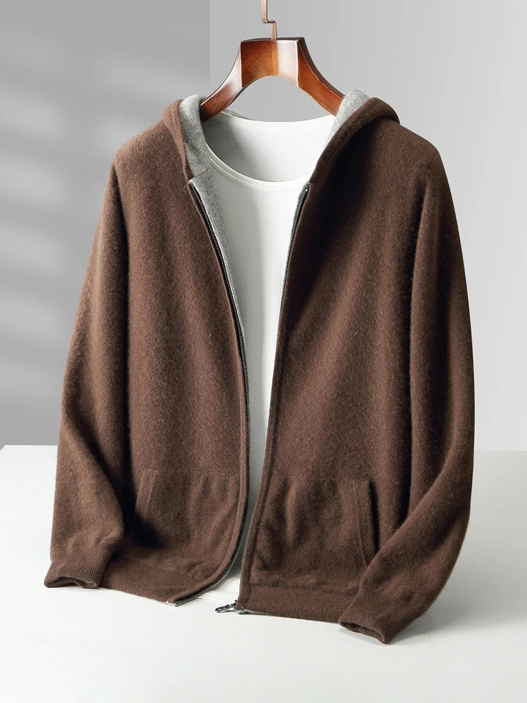 Color: black, Size: XL - Reversible Men's Wool Cardigan Sweater Autumn Winter Hooded Solid 100% Merino Wool Knitted Casual Simple Man Jackets Thick Warm