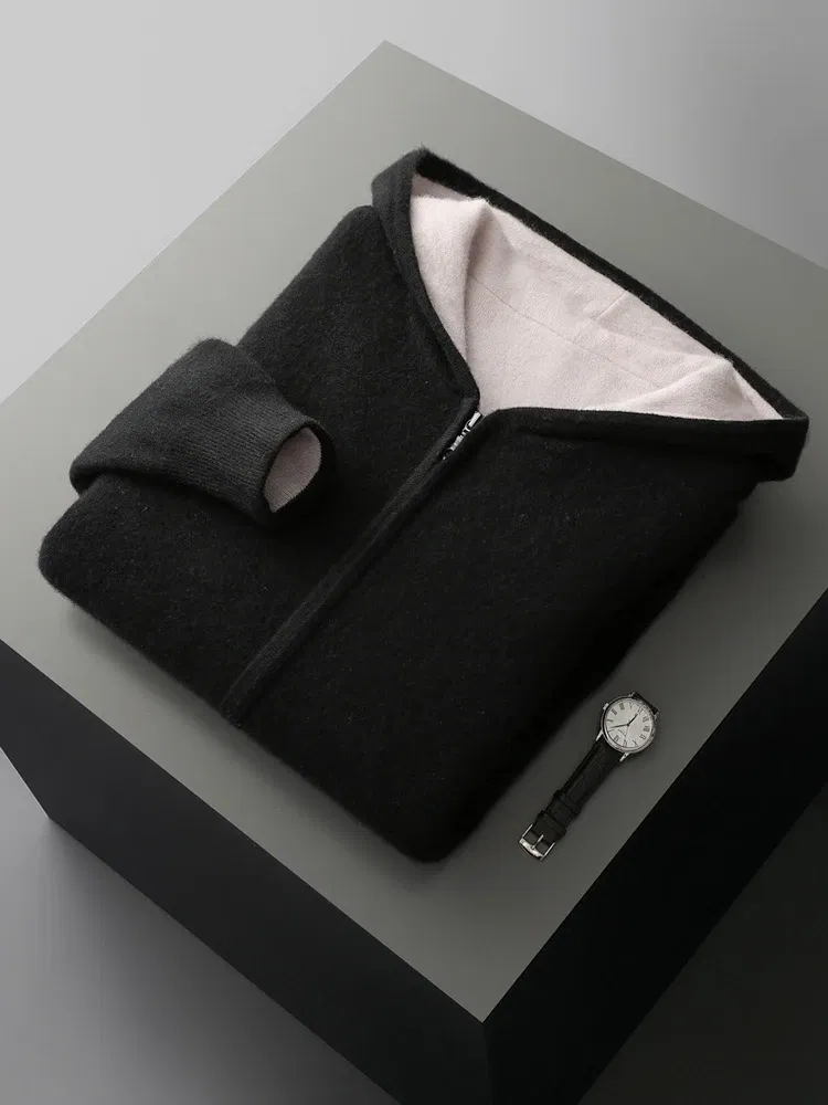 Color: black, Size: XL - Reversible Men's Wool Cardigan Sweater Autumn Winter Hooded Solid 100% Merino Wool Knitted Casual Simple Man Jackets Thick Warm