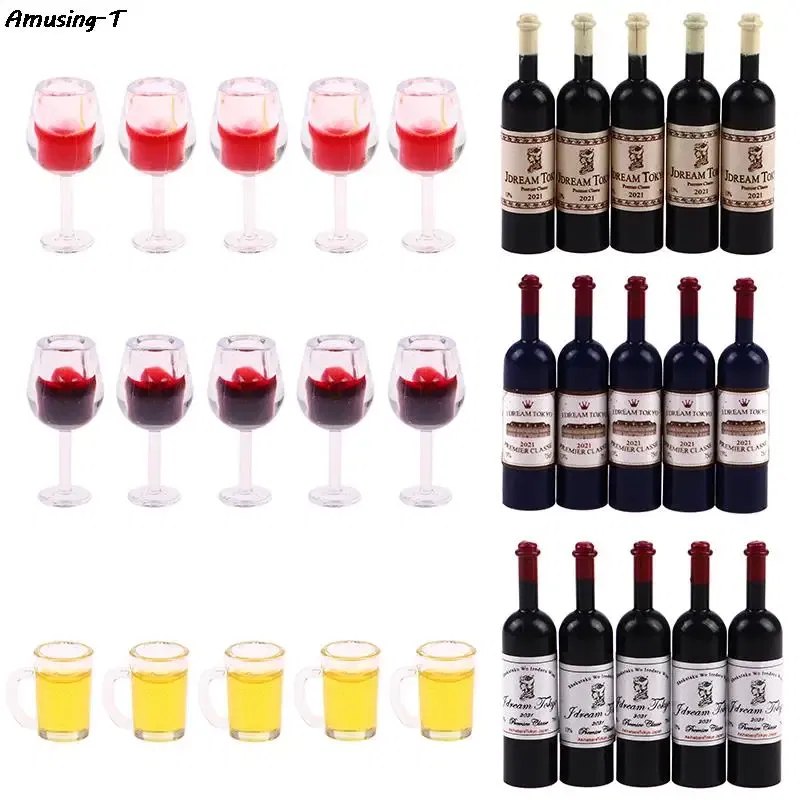 Color: Pink - 2/4/5/10pcs Miniature Resin beer cups Red Wine bottles Model Kitchen Furniture Accessory dinnerware Dollhouse Summer Must