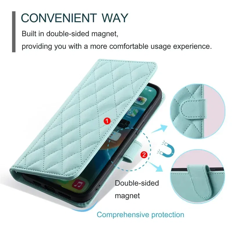 Material: NEOPRENE, Color: Green - Long lanyard Flip Leather Phone Case for Samsung Galaxy S24 Ultra S23 FE S22 S21 S20 S10 Plus Wallet Card Cover Coque