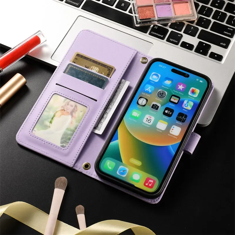 Material: NEOPRENE, Color: Green - Long lanyard Flip Leather Phone Case for Samsung Galaxy S24 Ultra S23 FE S22 S21 S20 S10 Plus Wallet Card Cover Coque