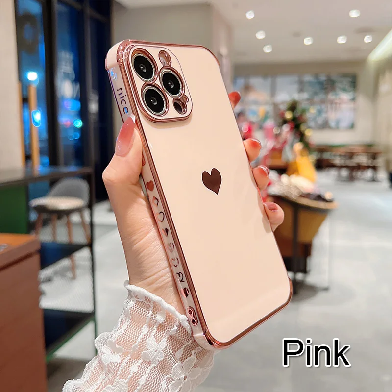 Color: Khaki, Compatible-Phone Models: For iPhone 14 Pro Max, Ships From: CN - Electroplating Side Love Heart Phone Case For IPhone 17 16 15 14 13 12 11 Pro Max XR 8 Plus SE2/SE3 Shockproof Back Cover