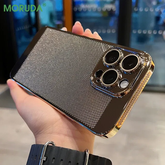 Color: Gold, Material: Polyester - Luxury Plating Hollowed Out Case for iPhone 12 13 Mini 11 14 Pro Max X XR Xs Max 7 8 Plus Heat Dissipation Shockproof Lens Cover