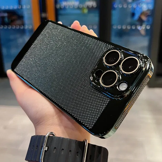 Color: Gold, Material: Polyester - Luxury Plating Hollowed Out Case for iPhone 12 13 Mini 11 14 Pro Max X XR Xs Max 7 8 Plus Heat Dissipation Shockproof Lens Cover