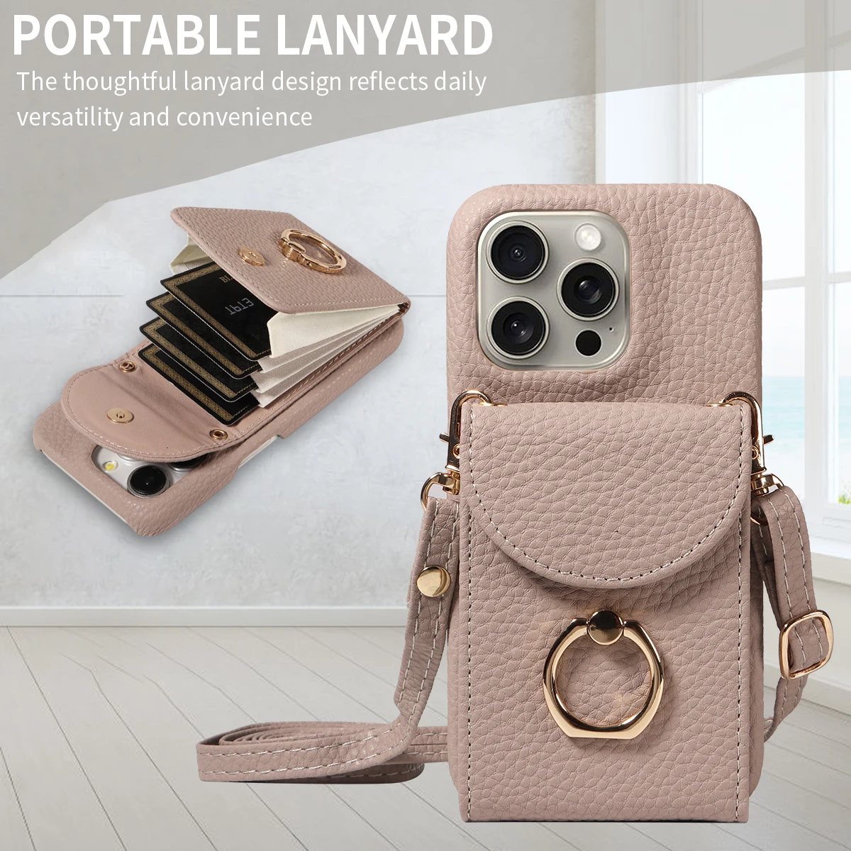 Color: Khaki, Compatible-Phone Models: For iPhone 13 Mini, Bundle: Case & Strap, Material: Artificial Leather - High Quality Ring Stand Lychee Pattern Phone Case for IPhone16promax15 14 13 Crossbody with Lanyard PU Leather Anti-fall Cover
