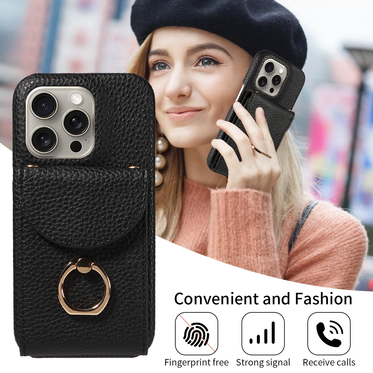 Color: Khaki, Compatible-Phone Models: For iPhone 13 Mini, Bundle: Case & Strap, Material: Artificial Leather - High Quality Ring Stand Lychee Pattern Phone Case for IPhone16promax15 14 13 Crossbody with Lanyard PU Leather Anti-fall Cover