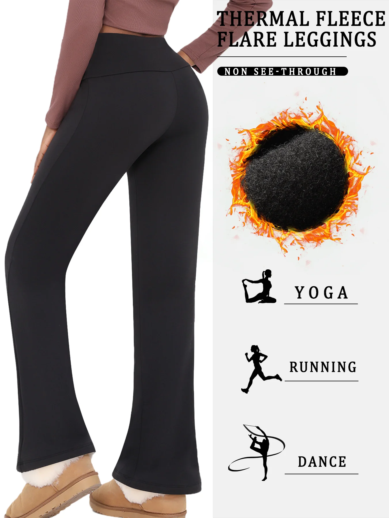 Color: Burgundy, Size: M - Women's Super Soft High Waisted Fleece Flare Leggings Tummy Control Soft Bootleg Bootcut Pants