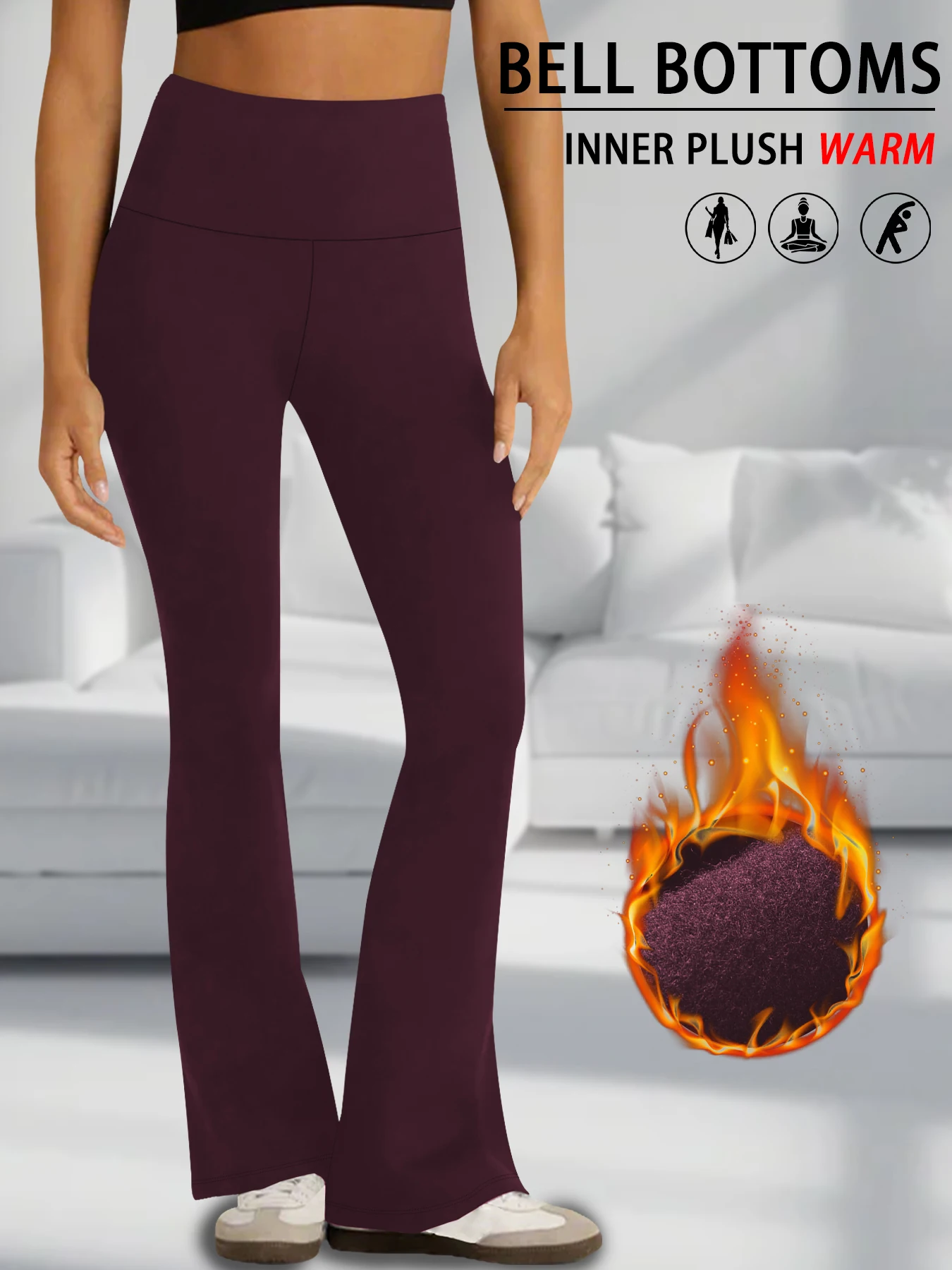 Color: Burgundy, Size: M - Women's Super Soft High Waisted Fleece Flare Leggings Tummy Control Soft Bootleg Bootcut Pants