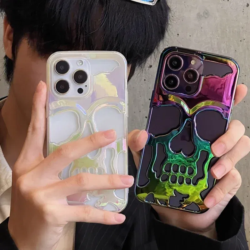 Color: Blue, Material: nylon - 3D Skull Ghostface Phone Case for iPhone 14 15 ProMax 11 12 13 Pro Max Plus Fashion Hollow Heat Dissipation Plating Slim Cover