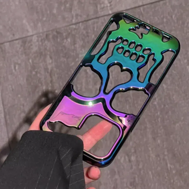 Color: Blue, Material: nylon - 3D Skull Ghostface Phone Case for iPhone 14 15 ProMax 11 12 13 Pro Max Plus Fashion Hollow Heat Dissipation Plating Slim Cover