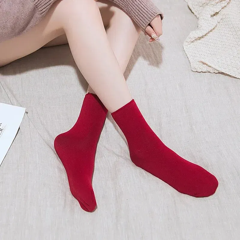 Color: black - Female Winter Fleece Thick Warm Socks Soft Comfortable Solid Color Home Floor Thick Stocking Soft Boots Sleeping Socks