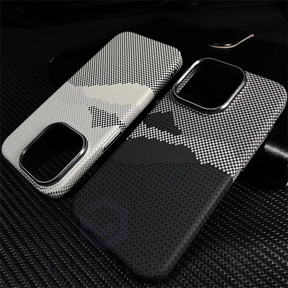 Color: Beige, Material: PU - Luxury Alloy Lens 3D Relief Peak Carbon Fibre Pattern Case For iPhone 13 14 15 16 Pro Max Slim Shockproof PC Cover For Magsafe