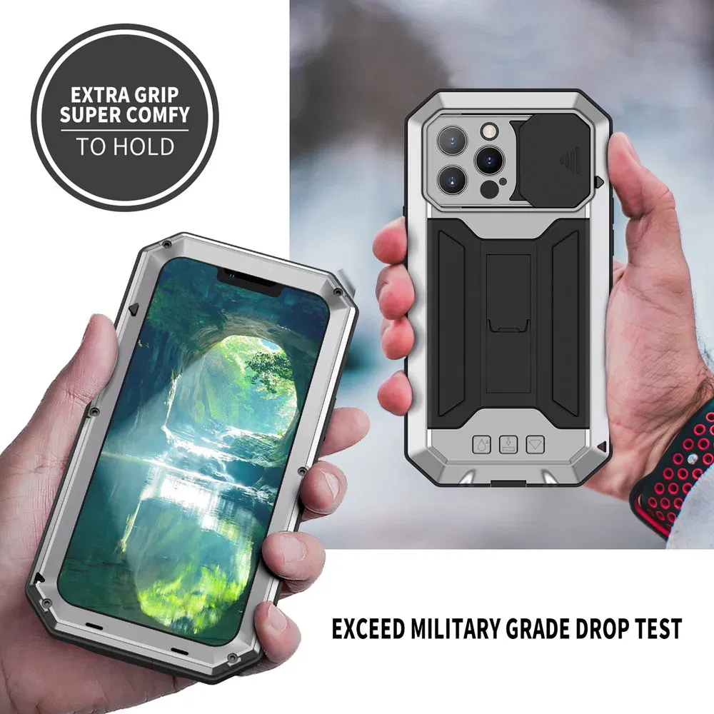 Color: Black, Material: Plastic - Heavy Duty Metal Aluminum Case For iPhone 14 13 15 Pro Max Military Grade Shockproof Bumpers Armor Kickstand Camera Slider Cases