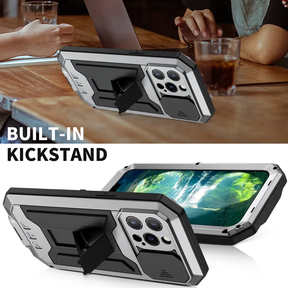 Color: Black, Material: Plastic - Heavy Duty Metal Aluminum Case For iPhone 14 13 15 Pro Max Military Grade Shockproof Bumpers Armor Kickstand Camera Slider Cases
